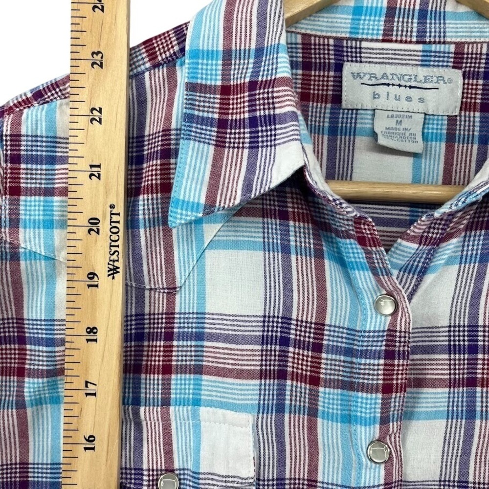 Wrangler Blues Shirt Womens Medium Long Sleeve Pearl Snap Plaid Purple Blue Red - Picture 7 of 9